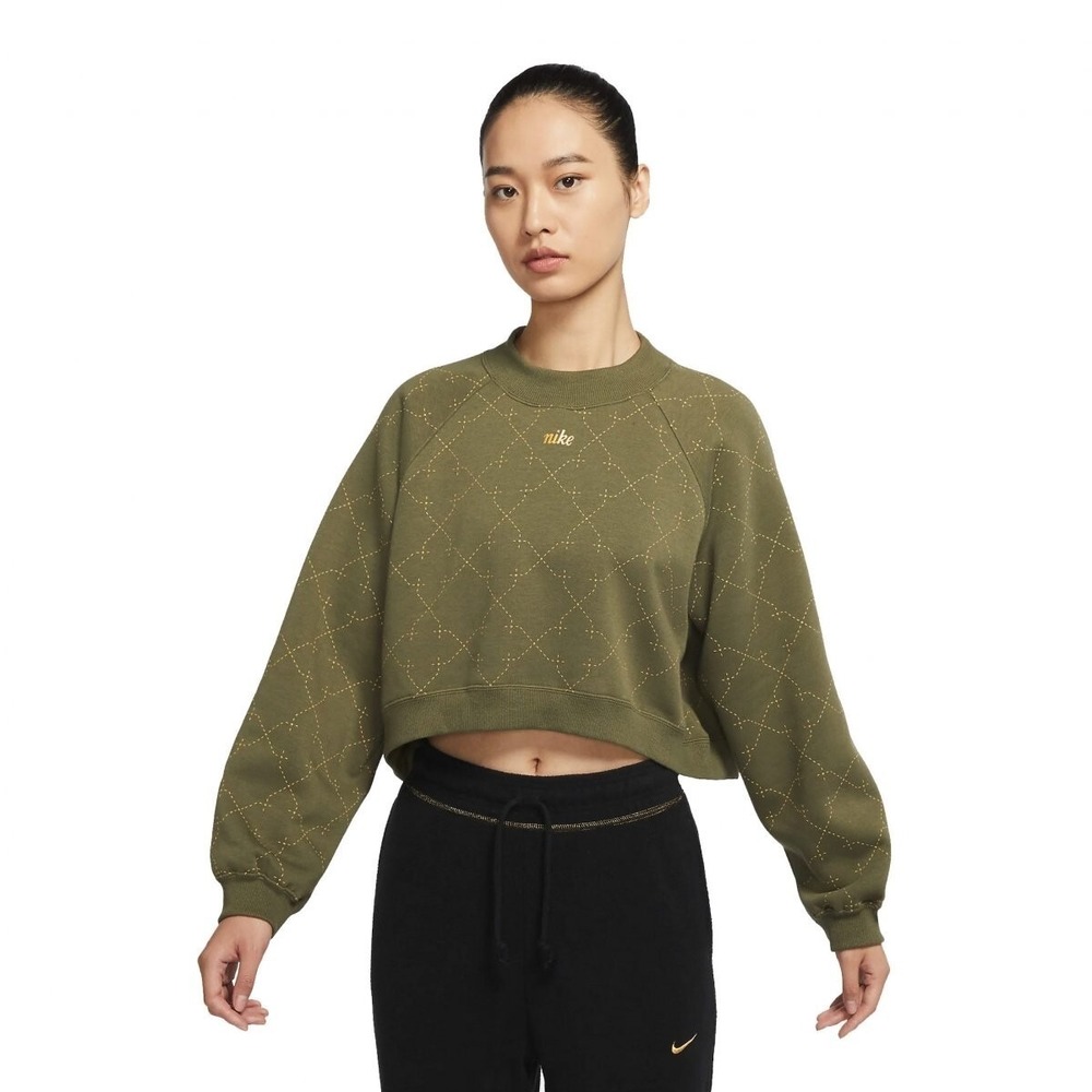 Nike Therma‎ FIT Crop Sweatshirt Women XS Olive Green Quilted Pattern Fleece